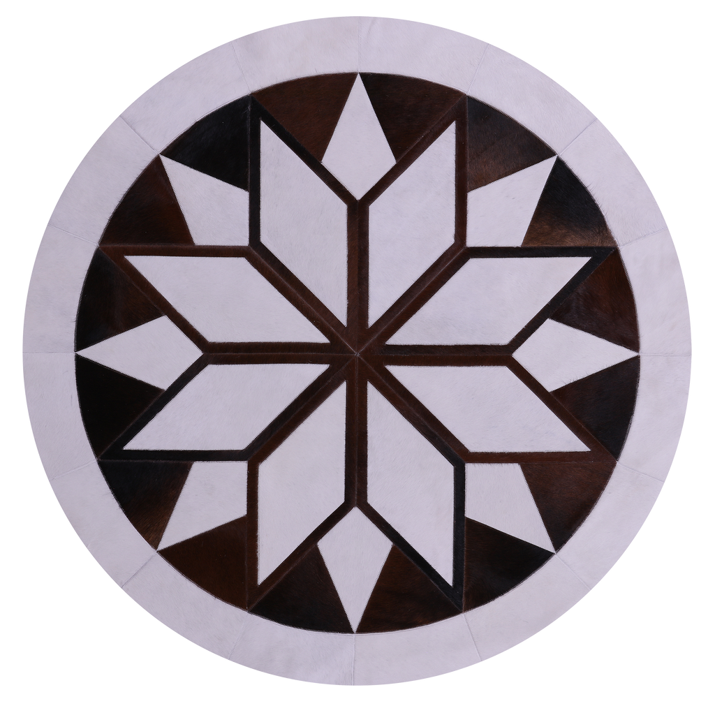 Brown & White Round Natural Cowhide Hand Stitched Rug - Manhattan Rugs