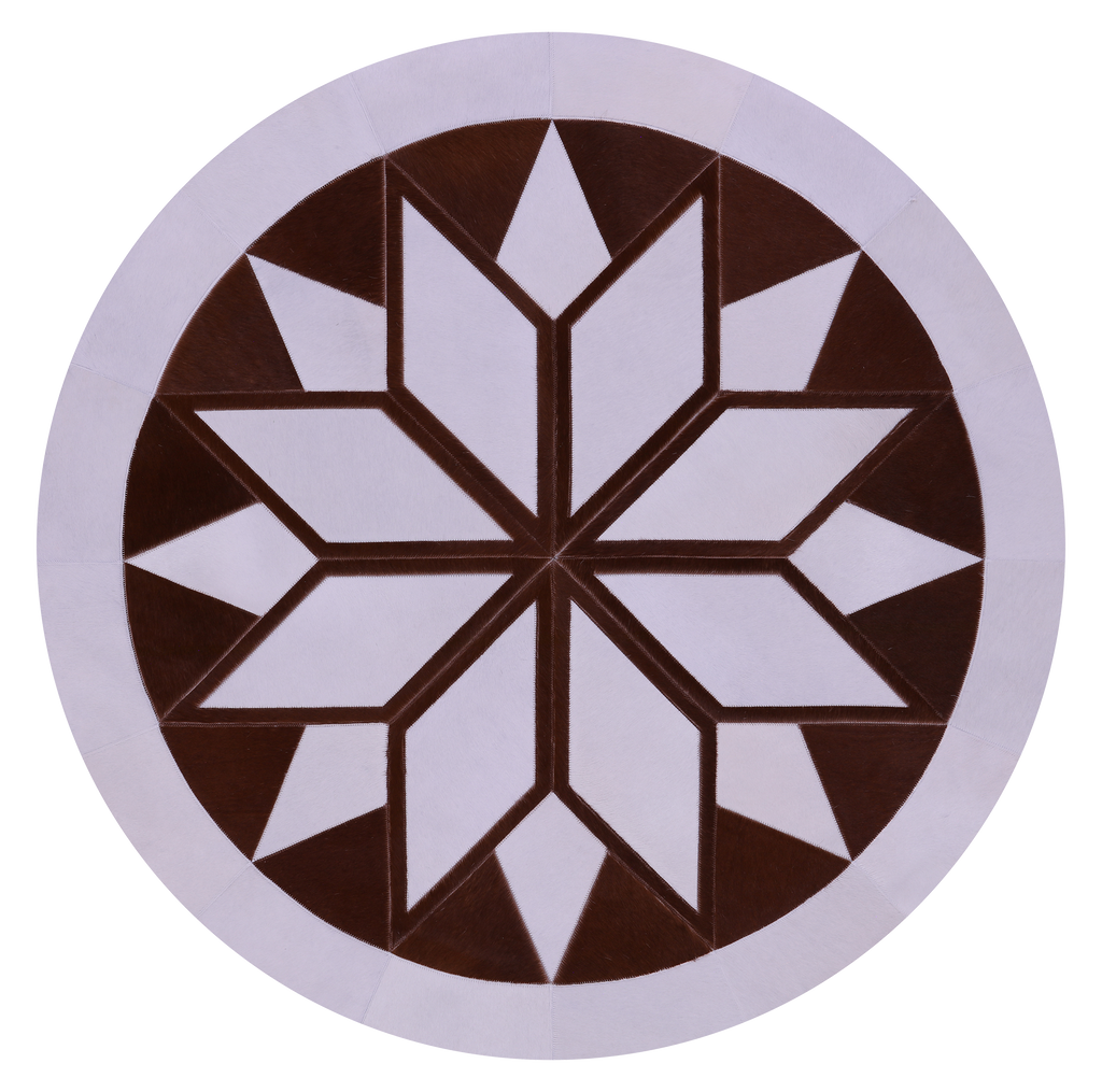 Brown & White Round Natural Cowhide Hand Stitched Rug - Manhattan Rugs