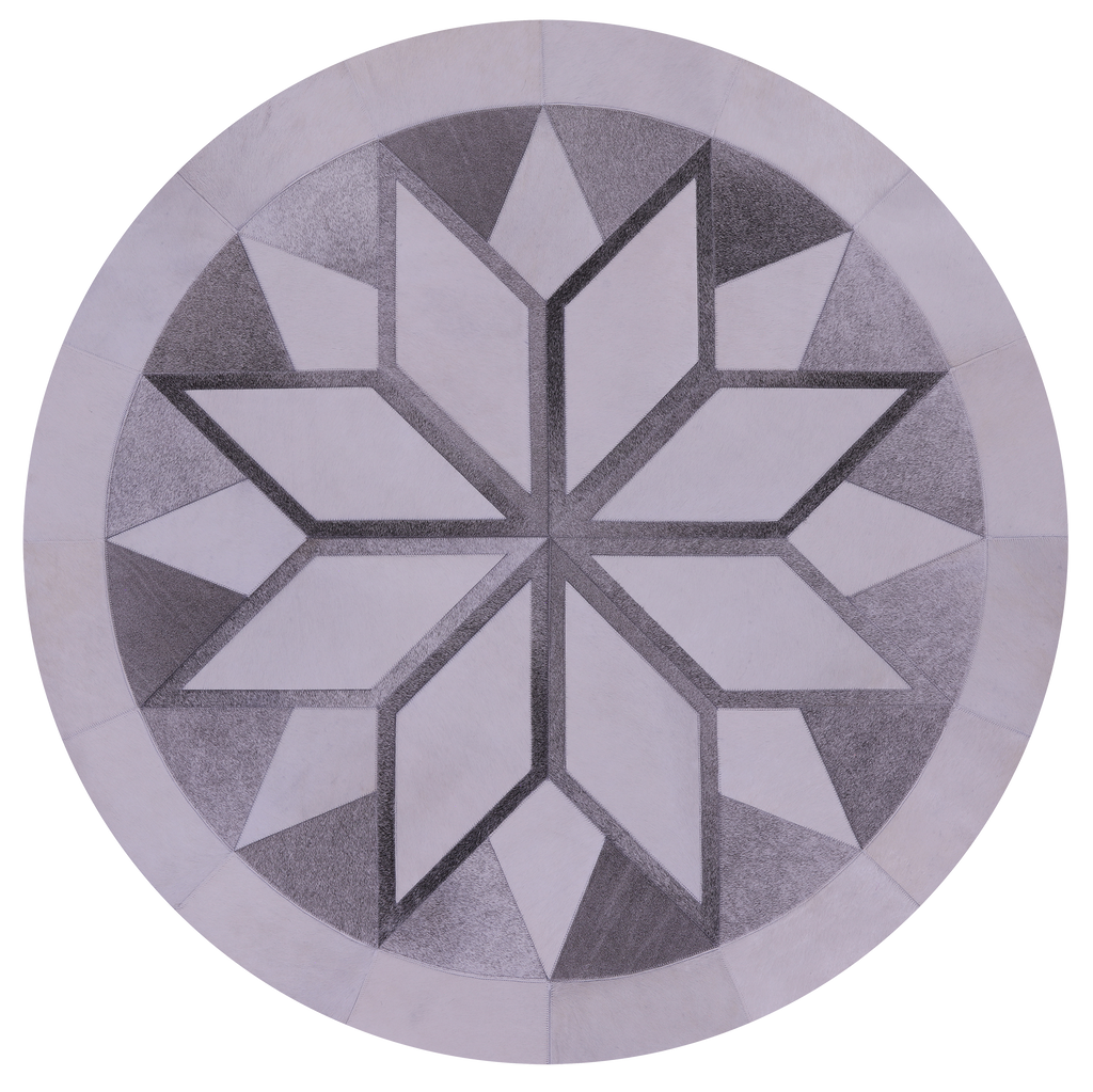 Grey & White Round Natural Cowhide Hand Stitched Rug - Manhattan Rugs