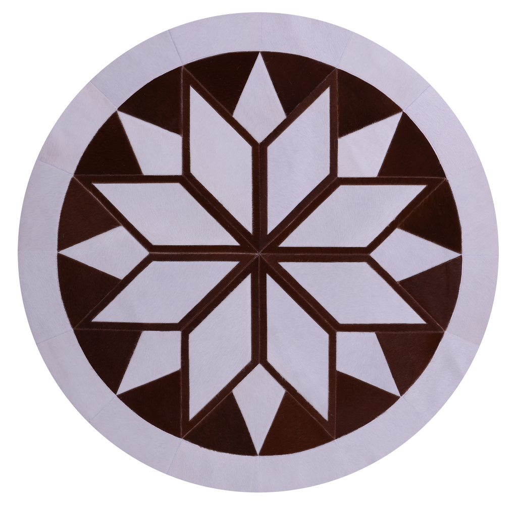 Brown & White Round Natural Cowhide Hand Stitched Rug - Manhattan Rugs
