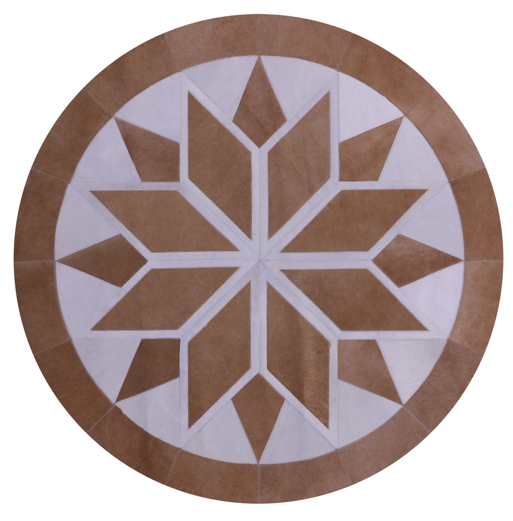 Brown & White Round Natural Cowhide Hand Stitched Rug - Manhattan Rugs