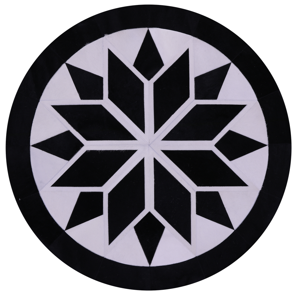 Black & White Round Natural Cowhide Hand Stitched Rug - Manhattan Rugs