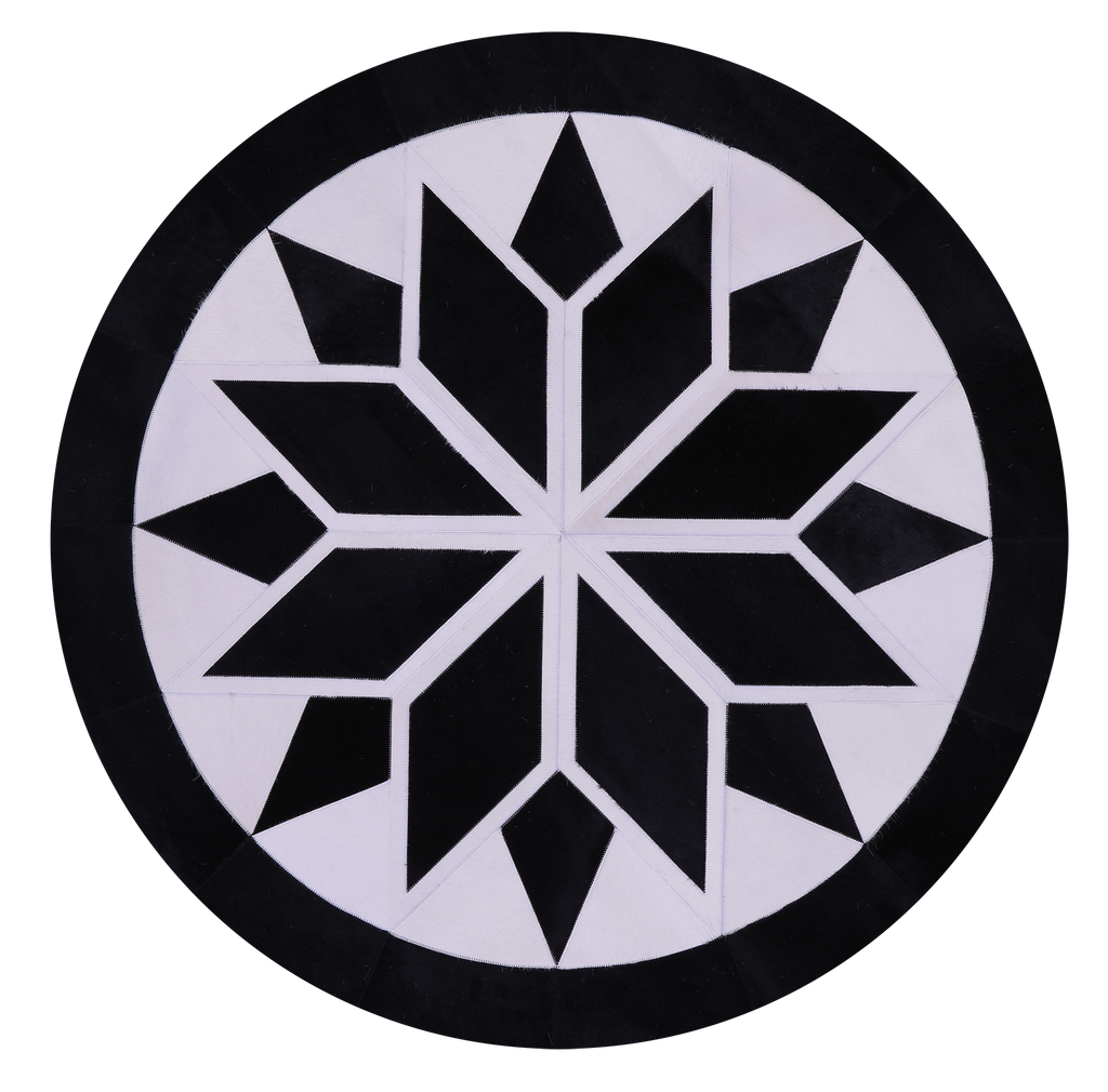 Black & White Round Natural Cowhide Hand Stitched Rug - Manhattan Rugs