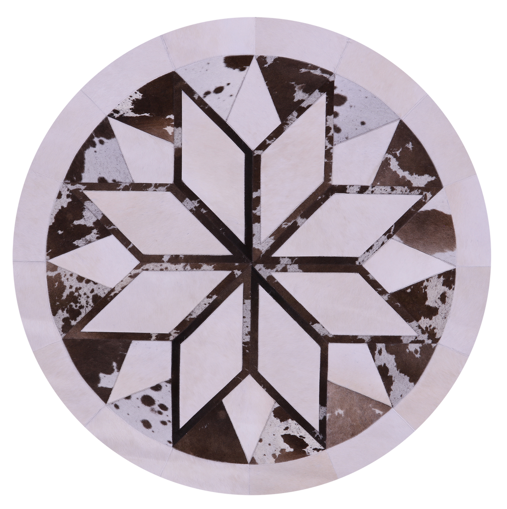 Brown & White Round Natural Cowhide Hand Stitched Rug - Manhattan Rugs
