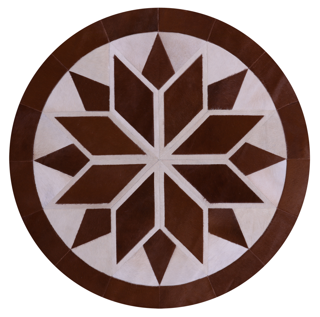 Brown & White Round Natural Cowhide Hand Stitched Rug - Manhattan Rugs