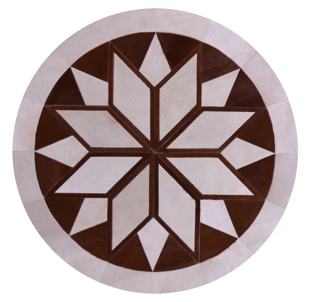 Brown & White Round Natural Cowhide Hand Stitched Rug - Manhattan Rugs