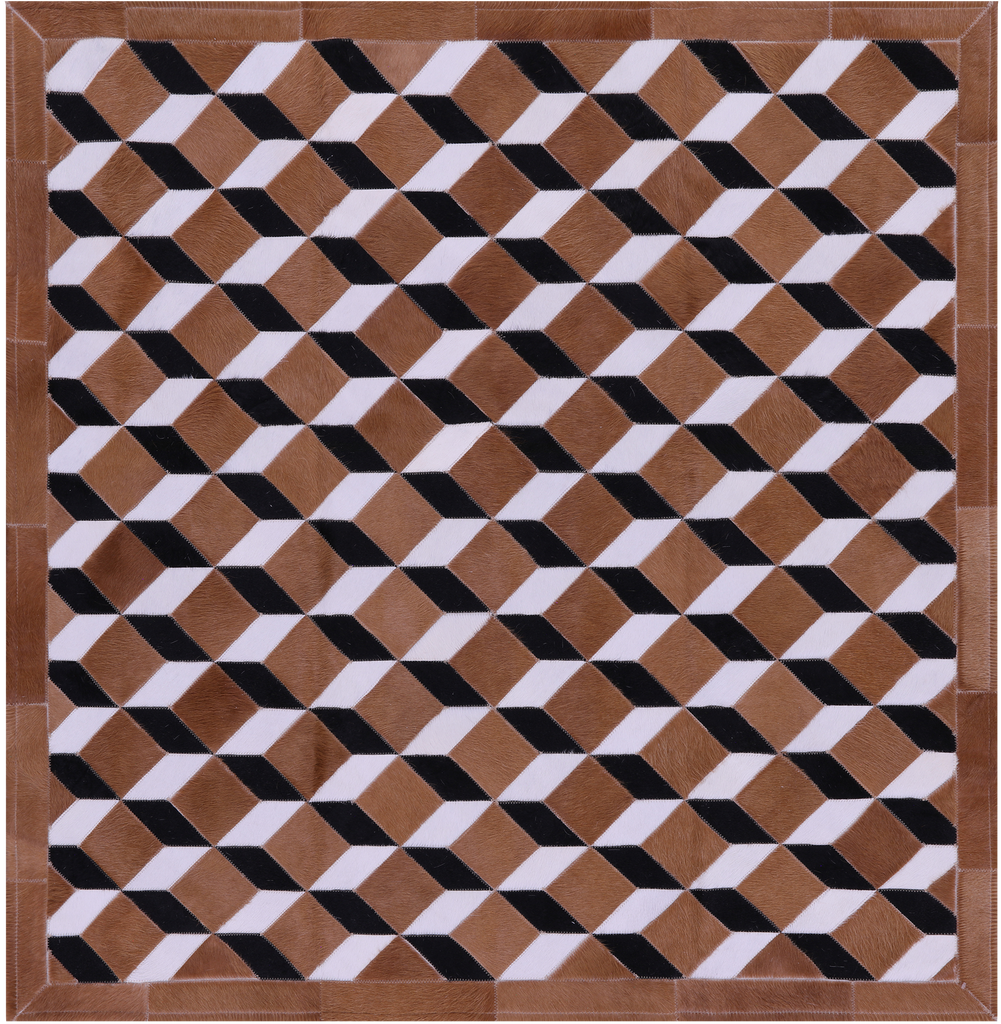 Brown & White Square Black Natural Cowhide Hand Stitched Rug - Manhattan Rugs