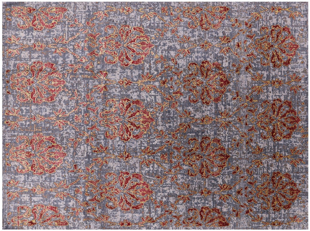 Floral Design Wool & Silk Hi-Lo Pile Hand Knotted Rug - Manhattan Rugs