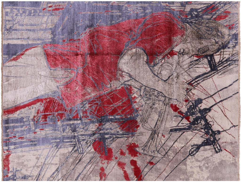Hand Knotted Trumpet Player Design Wool & Silk Rug - Manhattan Rugs