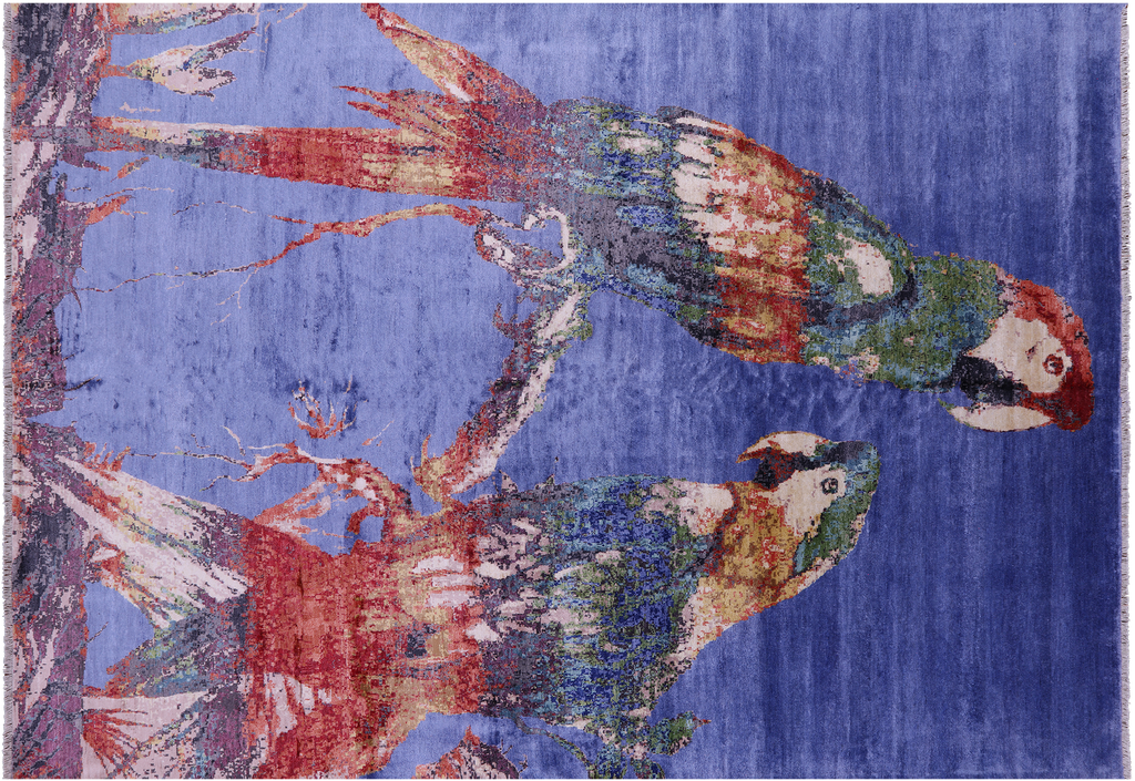 8' 10" X 12' 4" Modern Parrots Design Hand Knotted Silk Rug - Q11601