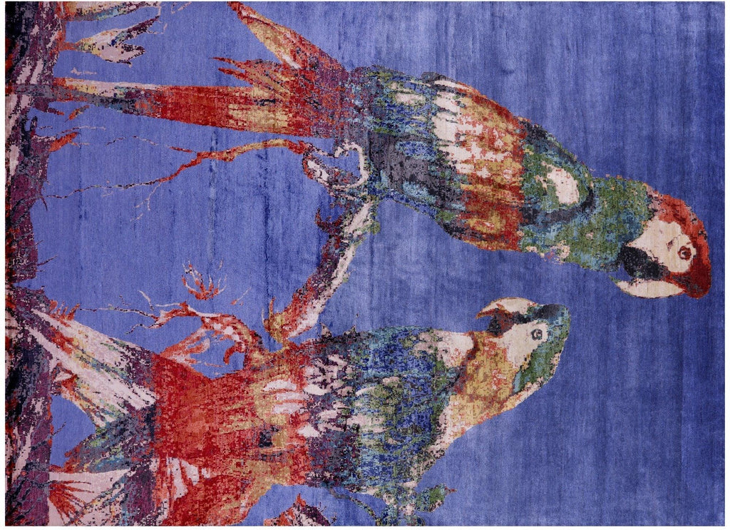 Modern Parrots Design Hand Knotted Wool & Silk Rug - Manhattan Rugs