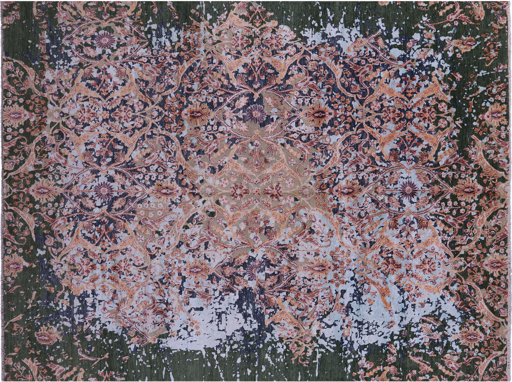 SUPER SALE Green 8' 0" X 10' 6" Modern Hand-Knotted Wool & Silk Rug - Q11810