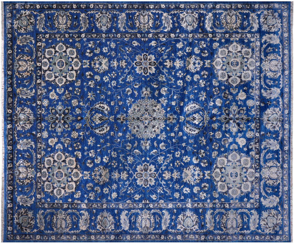 Blue 8' 1" X 9' 11" Persian Tabriz Handmade Wool & Silk Rug - Q13690