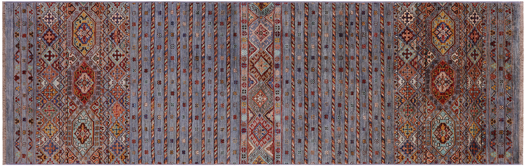 Grey 2' 7" X 8' 4" Khorjin Super Kazak Handmade Wool Runner Rug - Q14132