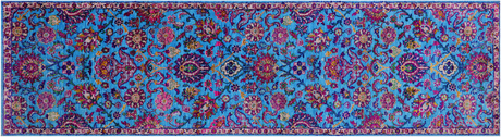 Blue Persian Tabriz Handmade Wool & Silk Runner Rug - Manhattan Rugs