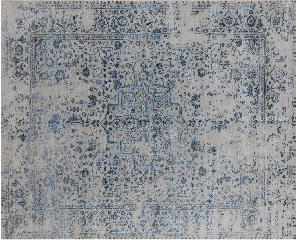 Silver Hand-Knotted Persian Heriz Serapi Wool & Silk Rug 7' 11" X 9' 9" - Q19118