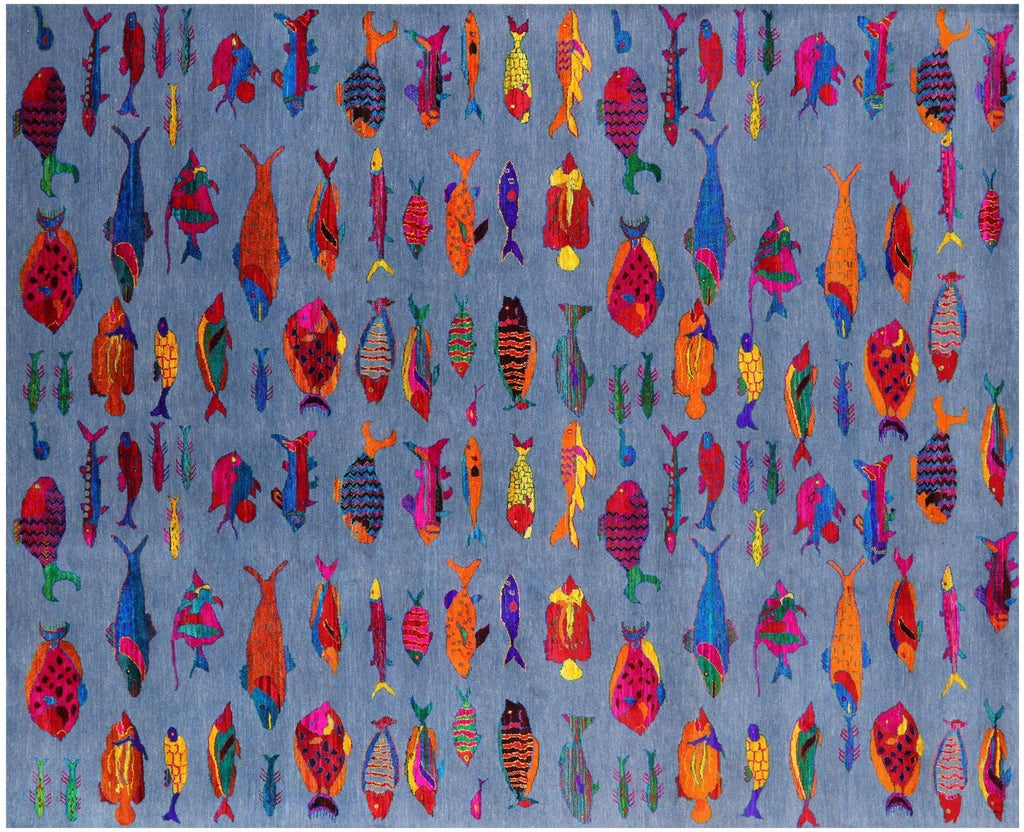 Gabbeh Fish Design Wool & Silk Hand Knotted Rug - Manhattan Rugs