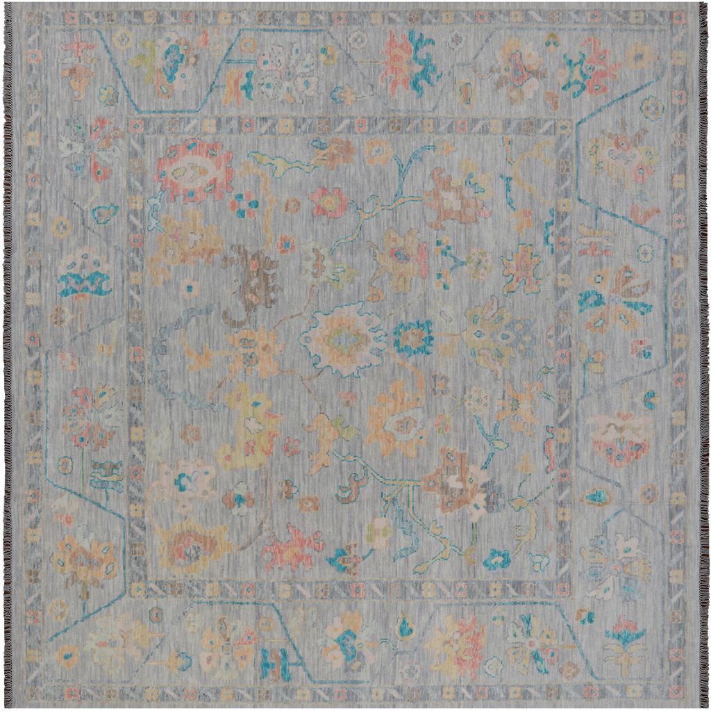 SUPER SALE Silver 9' Square Handmade Turkish Angora Oushak Wool Rug - Q21281