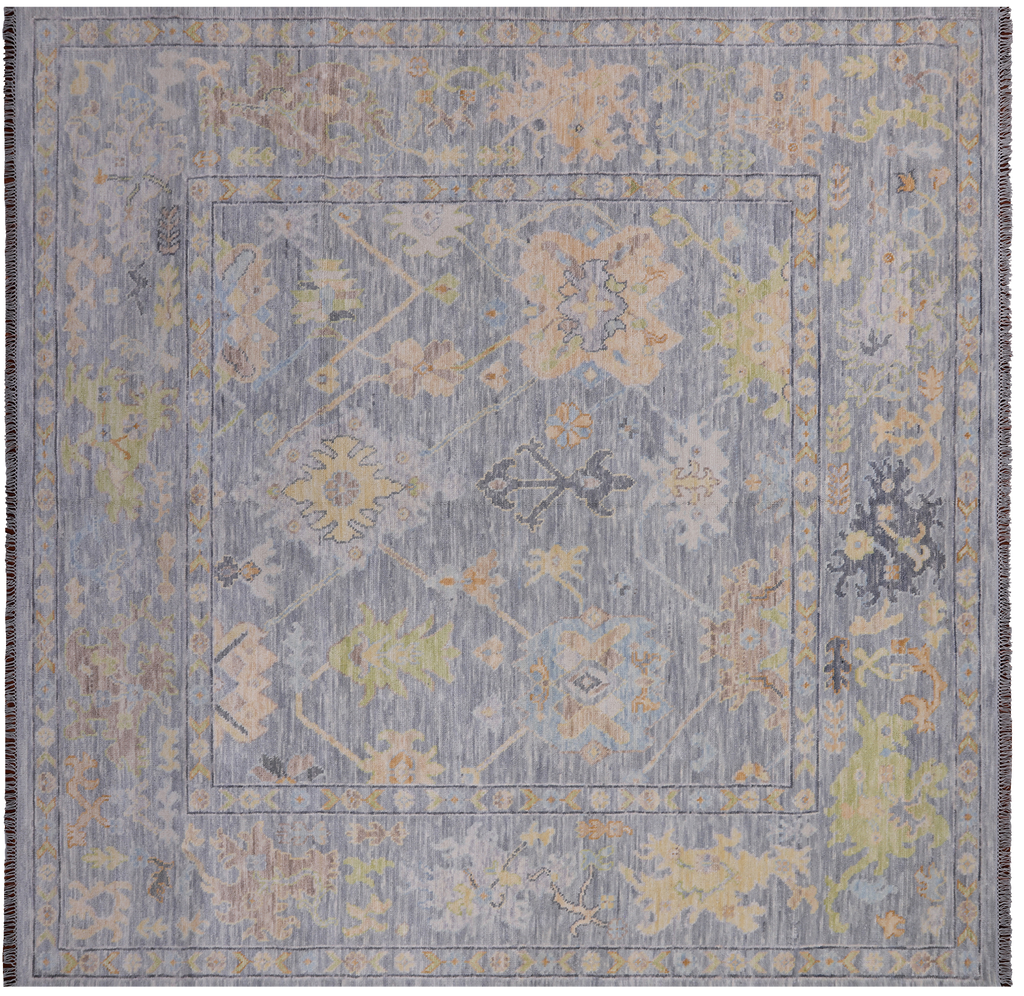 SUPER SALE Silver 9' Square Turkish Angora Oushak Hand-Knotted Rug - Q21312