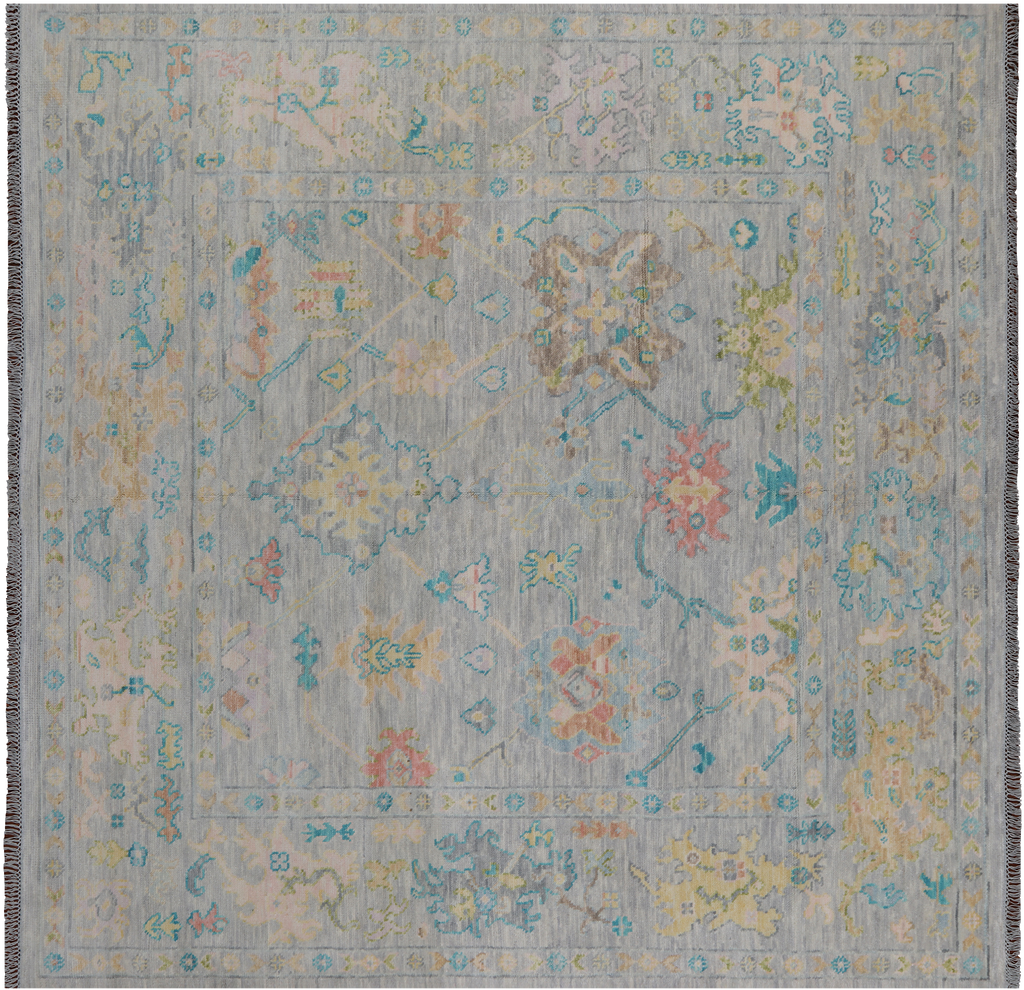 SUPER SALE Silver 8' Square Turkish Angora Oushak Hand Knotted Rug - Q21333