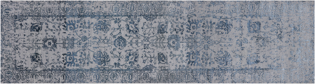 Grey 2' 7" X 10' 0" Runner Persian Tabriz Hand-Knotted Wool & Silk Rug - Q21484