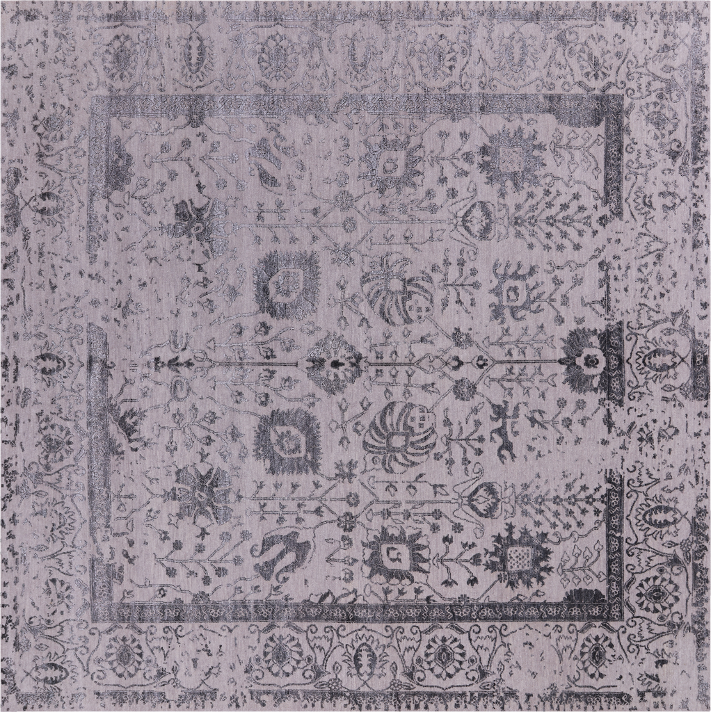 Grey 8' Square Wool & Silk Persian Tabriz Handmade Rug - Q21674