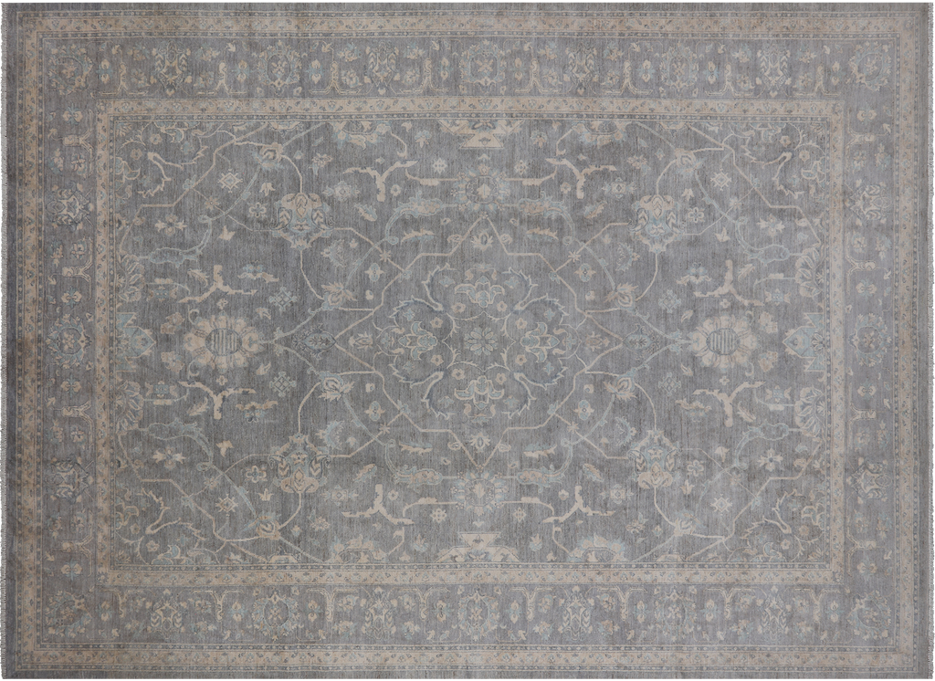 Grey 9' 10" X 13' 7" Turkish Oushak Washed Out Hand Knotted Rug - Q21978