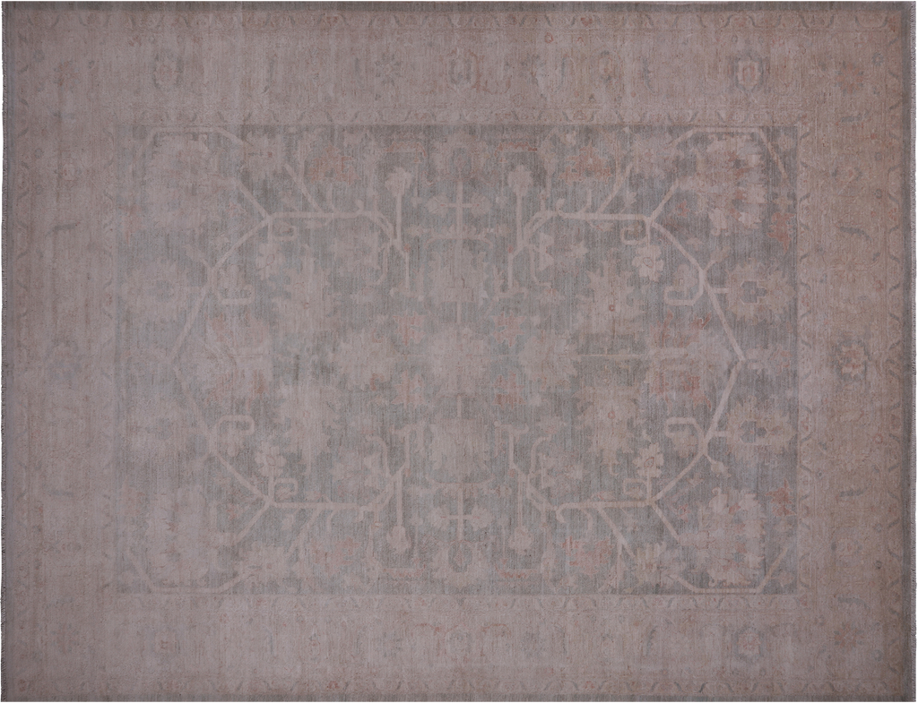 Light Green 9' 0" X 11' 11" Turkish Oushak Washed Out Hand Knotted Wool Rug - Q22032