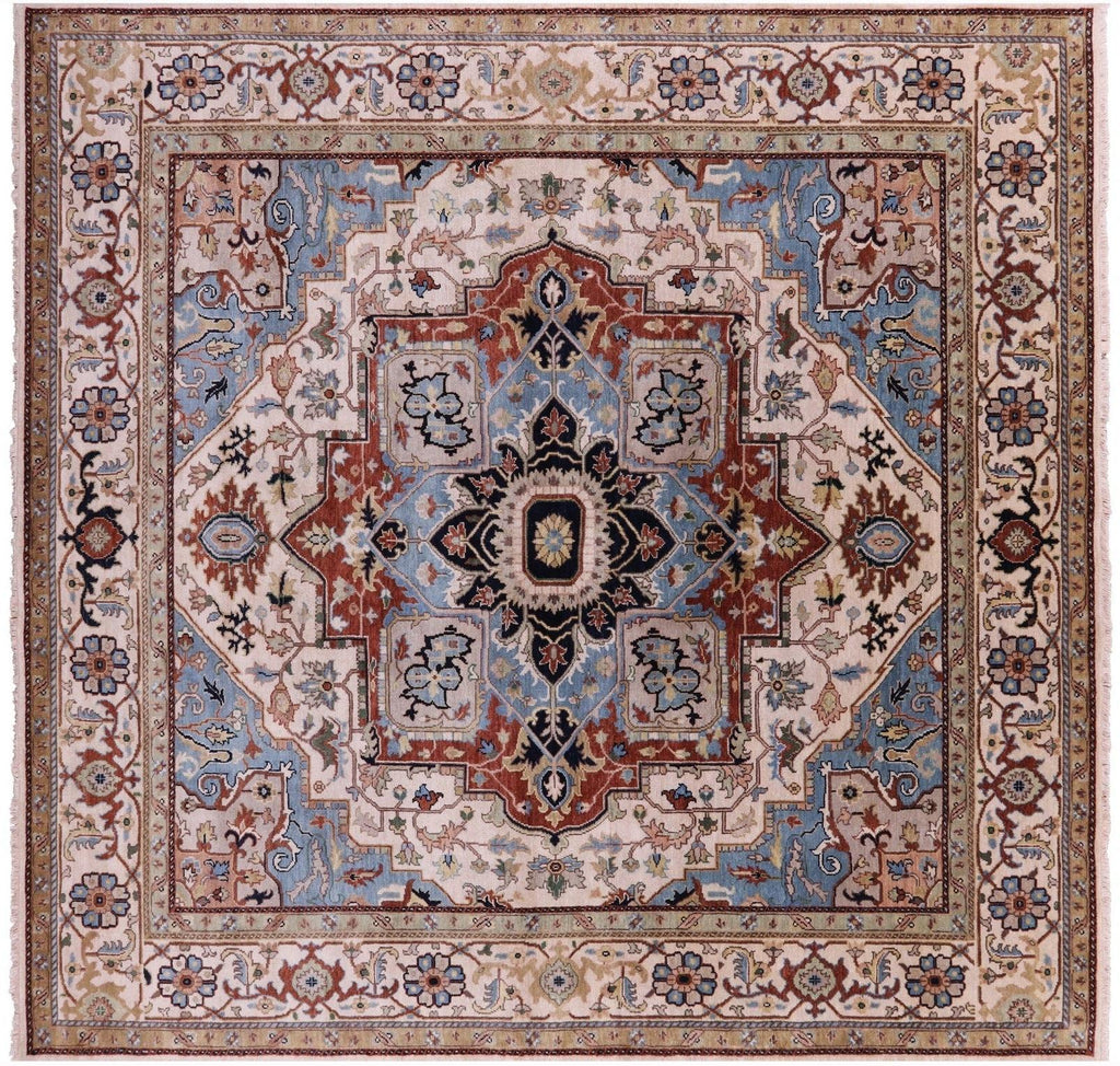 Ivory Square Hand Knotted Persian Heriz Serapi Wool Rug - Manhattan Rugs