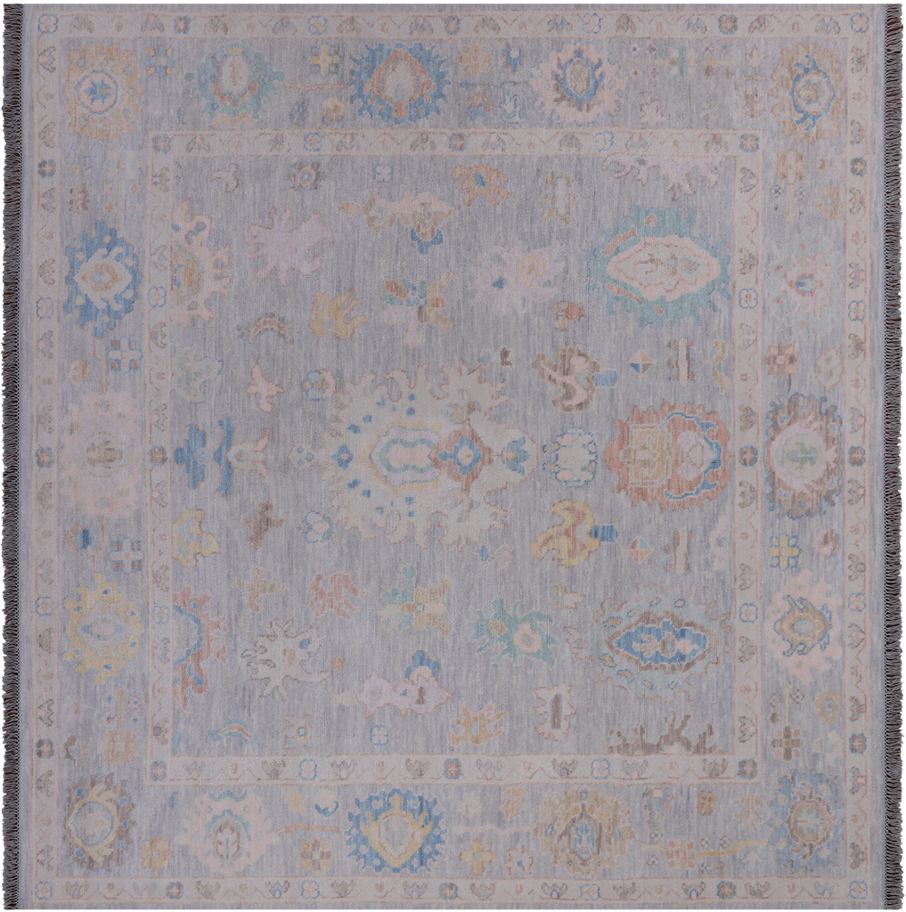 SUPER SALE Silver 9' Hand-Knotted Square Turkish Angora Oushak Wool Rug - Q22324