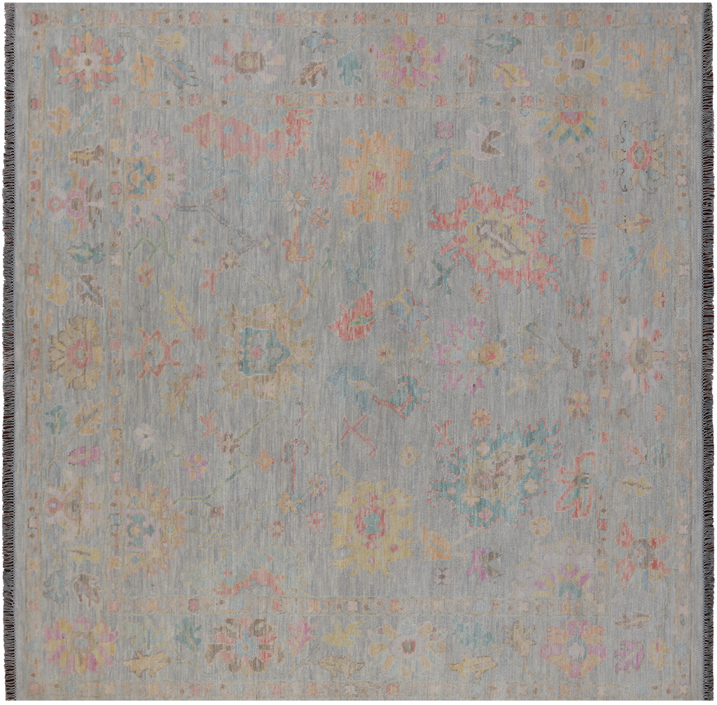 SUPER SALE Silver 9' Square Hand-Knotted Turkish Angora Oushak Wool Rug - Q22329