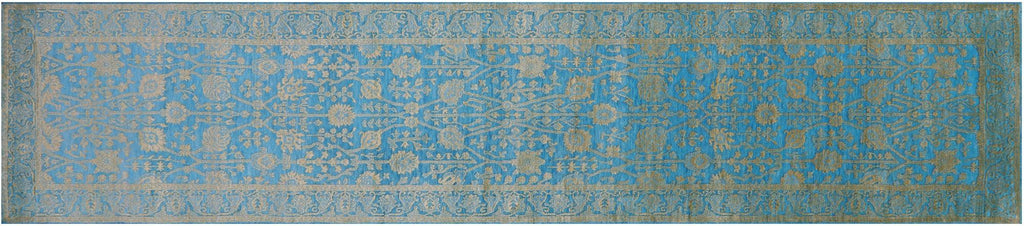 Blue Runner Persian Tabriz Hand Knotted Wool & Silk Rug - Manhattan Rugs