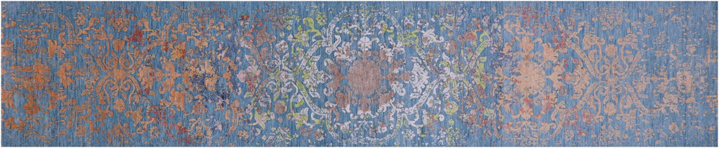 Blue Wool & Silk Modern Handmade Runner Rug - Manhattan Rugs