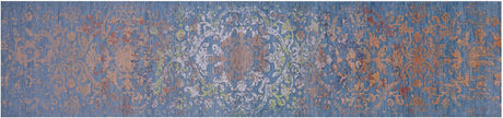 Blue Runner Wool & Silk Modern Handmade Rug - Manhattan Rugs