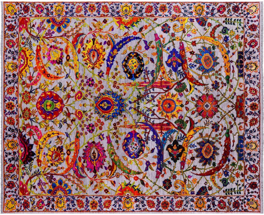 Grey Wool & Silk Sickle Leaf Design Persian Hand-Knotted Rug - Manhattan Rugs