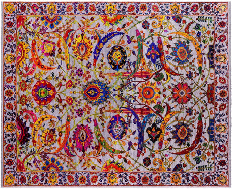 Grey Wool & Silk Sickle Leaf Design Persian Hand-Knotted Rug - Manhattan Rugs