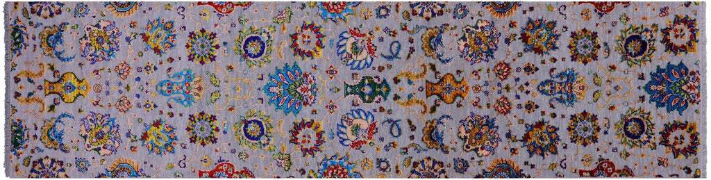 Grey Persian Tabriz Hand Knotted Wool & Silk Runner Rug - Manhattan Rugs