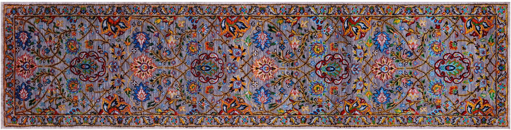 Grey Persian Tabriz Hand Knotted Wool & Silk Runner Rug - Manhattan Rugs