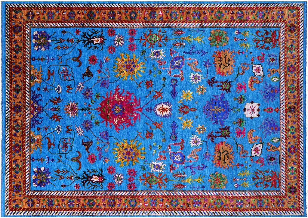 Blue Turkish Angora Oushak Hand-Knotted Wool & Silk Rug - Manhattan Rugs