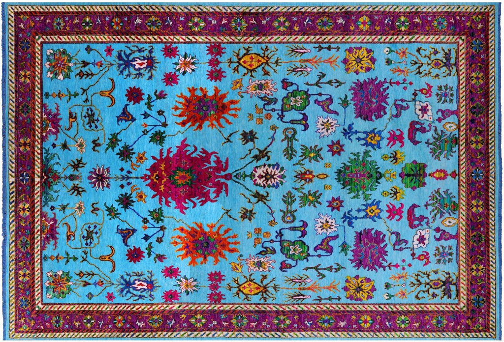 Blue Turkish Angora Oushak Handmade Wool & Silk Rug - Manhattan Rugs