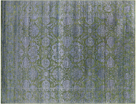 Green/Grey Persian Tabriz Hand-Knotted Wool & Silk Rug - Manhattan Rugs