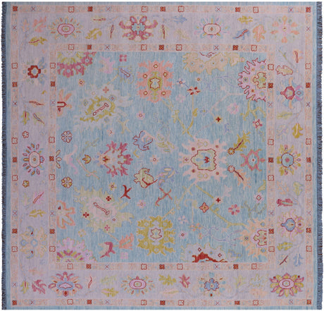 Blue Square Turkish Angora Oushak Handmade Wool Rug - Manhattan Rugs