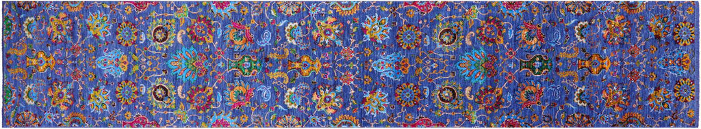 Blue Persian Tabriz Handmade Wool & Silk Runner Rug - Manhattan Rugs