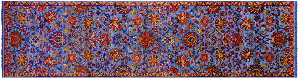 Blue Persian Tabriz Hand-Knotted Wool & Silk Runner Rug - Manhattan Rugs