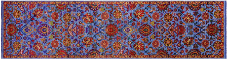 Blue Persian Tabriz Hand-Knotted Wool & Silk Runner Rug - Manhattan Rugs