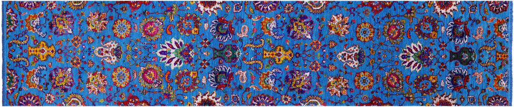 Blue Persian Tabriz Hand Knotted Wool & Silk Runner Rug - Manhattan Rugs