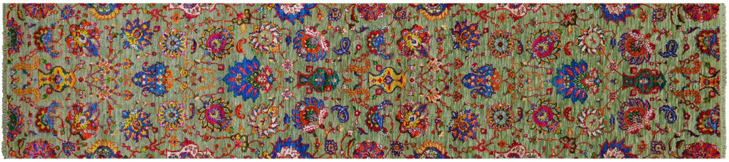 Green Persian Tabriz Hand-Knotted Wool & Silk Runner Rug - Manhattan Rugs