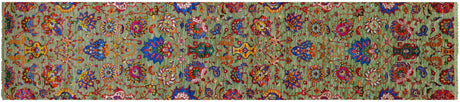 Green Persian Tabriz Hand-Knotted Wool & Silk Runner Rug - Manhattan Rugs