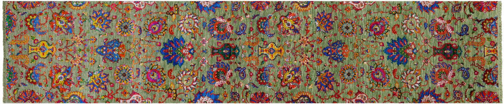 Green Persian Tabriz Hand Knotted Wool & Silk Runner Rug - Manhattan Rugs