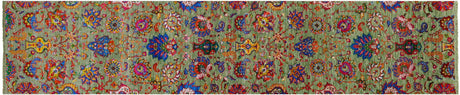 Green Persian Tabriz Hand Knotted Wool & Silk Runner Rug - Manhattan Rugs